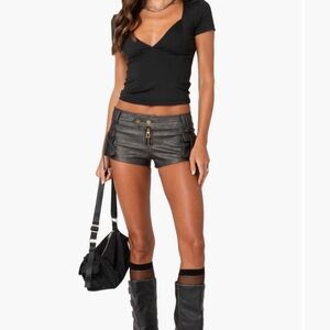 Edikted washed faux leather micro cargo shorts black-washed